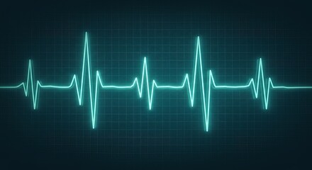Neon teal heartbeat line on a dark grid background