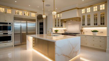 Luxury Marble Kitchen Interior with Gold Accents and High-End Design