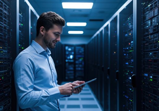 A focused it professional meticulously examining data on a tablet amidst rows of illuminated server racks in a modern data center - Powered by Adobe