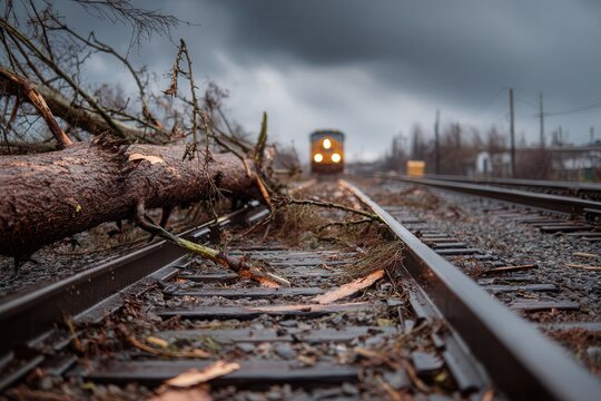 a fallen tree blocking railway tracks after a storm