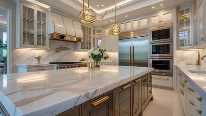 Luxury Marble Kitchen Interior with Gold Accents and High-End Design