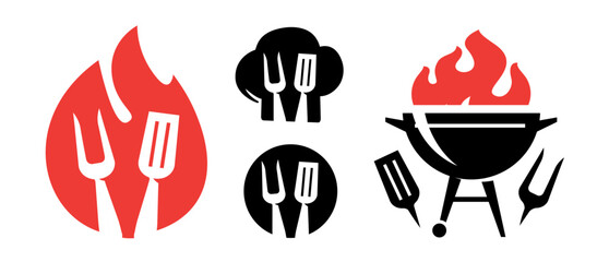 Barbecue grill set of icons, symbols. Cooking outdoors emblem. Street fast food concept. Restaurant or culinary concept
