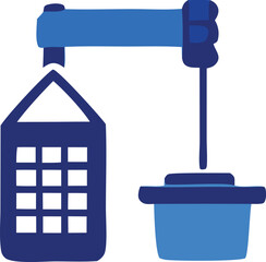 A stylized blue illustration depicts a simple modern representation of a home being built with a crane lifting a house frame