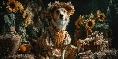 Naklejka premium Authentic Dog in Traditional June Festival Attire Sitting on Hay Bales with Sunflowers Premium Summer Lifestyle for Family Marketing and Social Media Campaigns