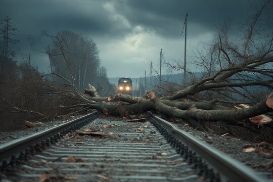 a fallen tree blocking railway tracks after a storm