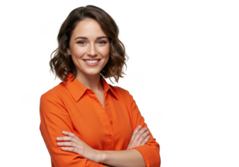 Smiling woman in orange shirt with arms crossed isolated on transparent background