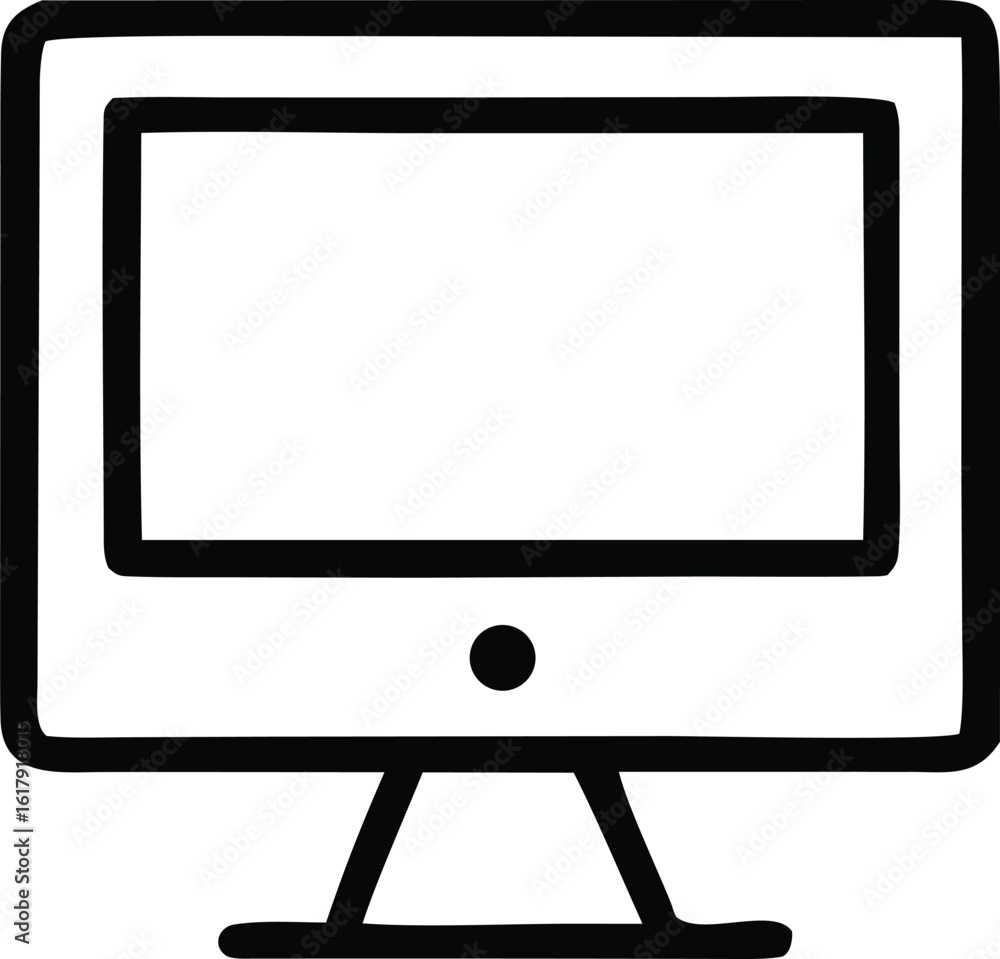 Poster simple hand drawn outline icon of a modern computer monitor displaying a blank screen on a stand