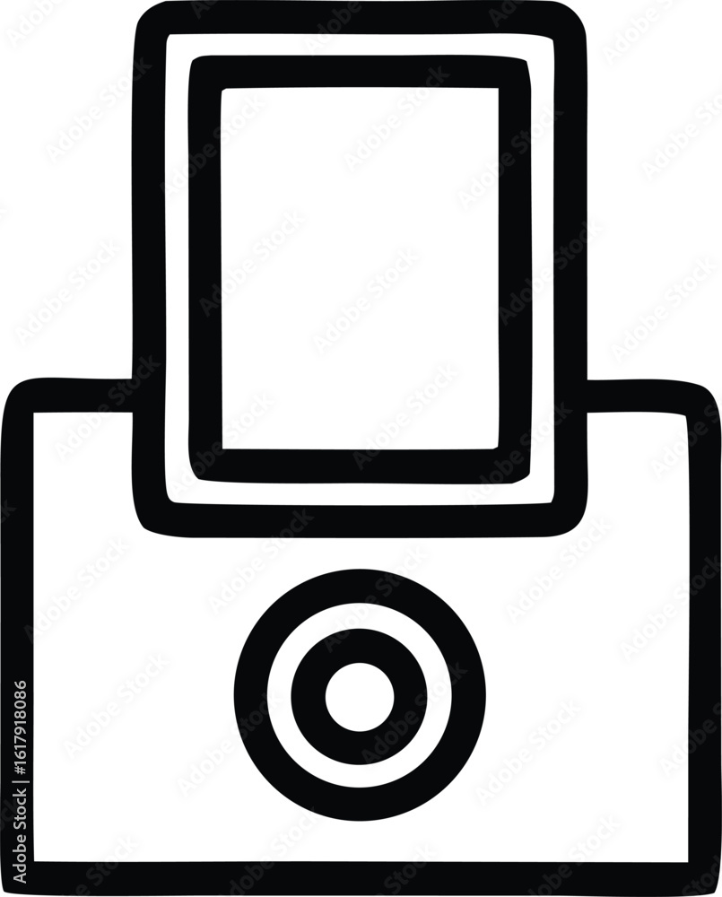 Poster simple hand drawn icon of a printer with paper loaded and a circular button on its front panel