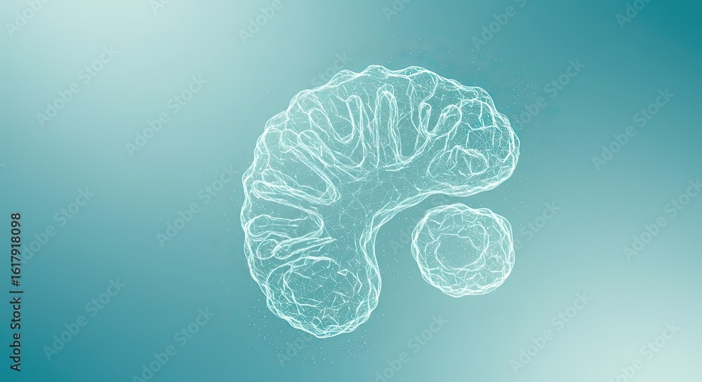 Poster wireframe brain and cell against a gradient teal background