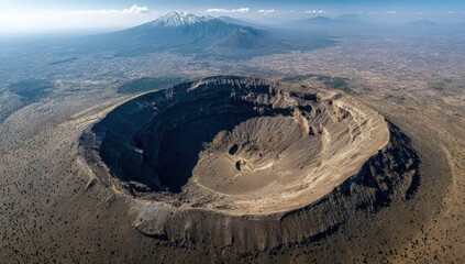 Volcanic crater, aerial view. Vast, circular caldera