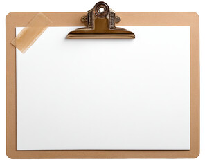 A blank clipboard with a piece of masking tape