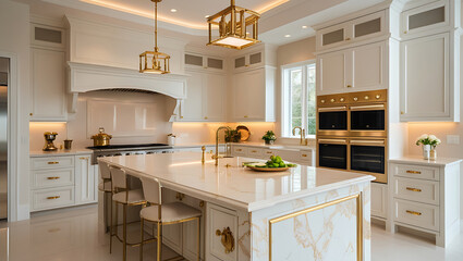 Luxury Marble Kitchen Interior with Gold Accents and High-End Design