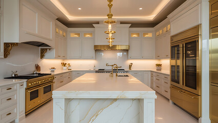 Luxury Marble Kitchen Interior with Gold Accents and High-End Design