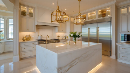 Luxury Marble Kitchen Interior with Gold Accents and High-End Design