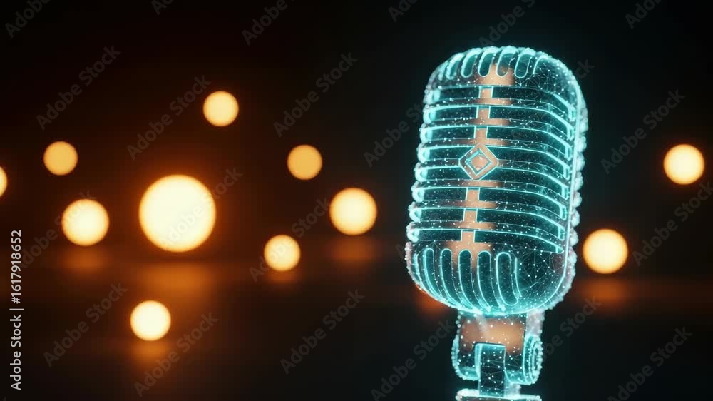Poster a glowing vintage microphone stands prominently in the foreground surrounded by softly illuminated b