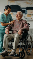 Nurse comforting an elderly man in a wheelchair