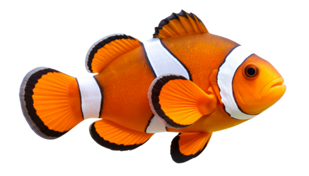 Orange and white clownfish with distinctive stripes and detailed fins and fully isolated on a transparent PNG background.