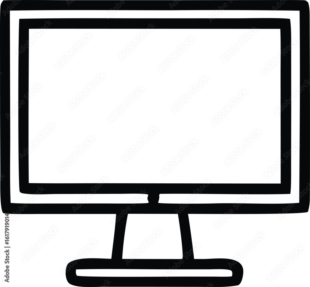Poster simple hand drawn outline icon of a modern computer monitor displaying a blank screen on a stand