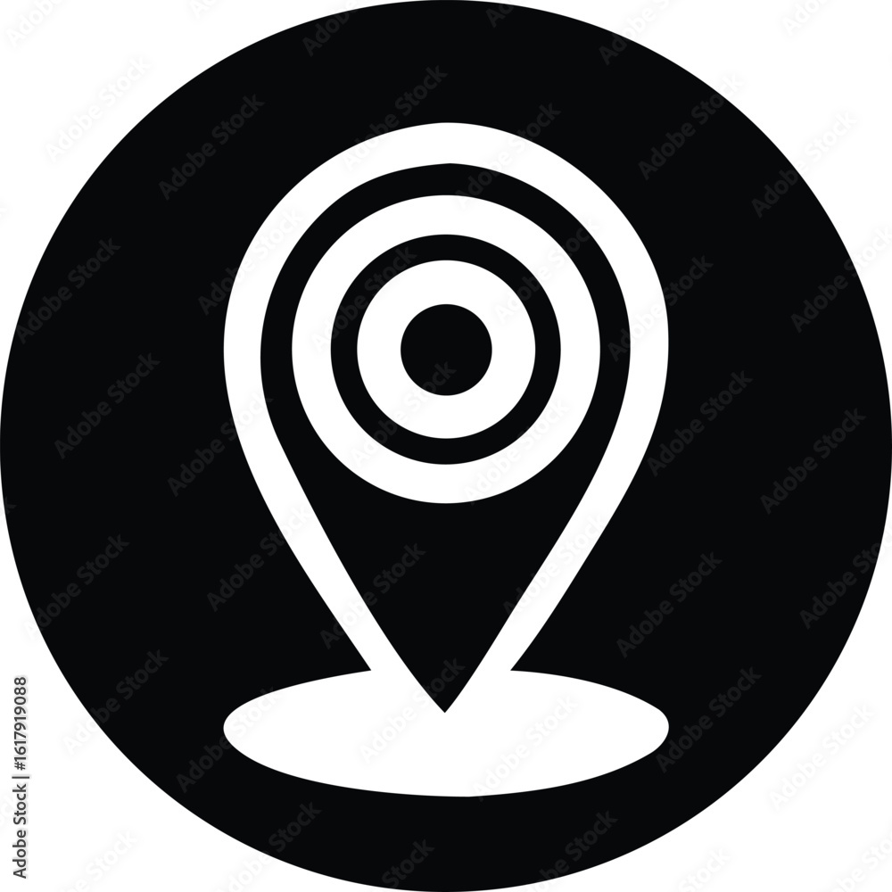 Poster simple black and white circular icon featuring a stylized location pin with concentric circles indic