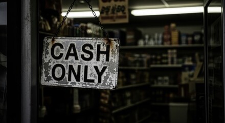 Rustic "Cash Only" Sign: Weathered Metal Plaque Hanging in a Dark, Traditional Corner Store Entrance

