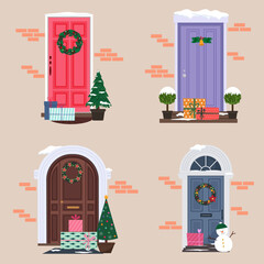 Decorative Christmas doors with wreaths, snow and gifts. Cityscape with fir trees and snowman. Set of illustrations with doors. Christmas and New Year. Winter holiday concept for greeting card. Vector