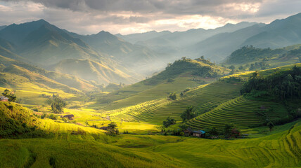 Fototapeta premium Breathtaking landscape of vibrant green rice terraces cascading down mountainsides in a dramatic valley. Perfect for themes of travel, agriculture, nature, and scenic beauty in Southeast Asia