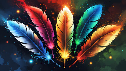 colourful feathers on abstract background/ A vibrant arrangement of colorful feathers beautifully