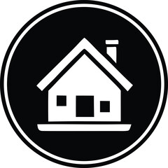 Simple white silhouette of a house with a chimney inside a black circle icon representing home and residence