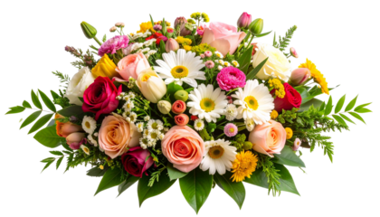 Beautiful bouquet of flowers featuring a mix of vibrant blooms like roses, daisies, and tulips, with lush green foliage, fully isolated on a transparent PNG background.