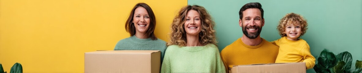 Fototapeta premium Professional Young Family Moving Day Smiling Together with Boxes in Modern Home Interior for Authentic Lifestyle Marketing Content