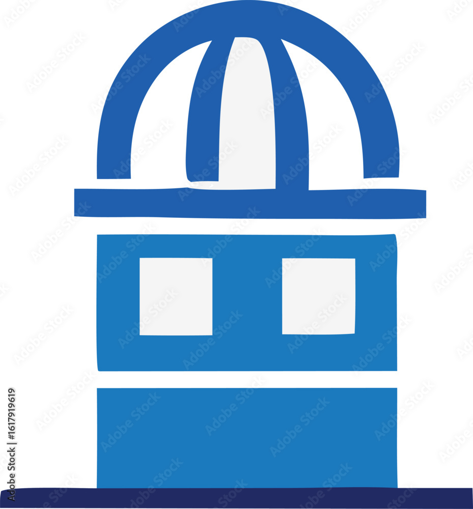 Poster stylized blue icon of a classical building featuring a dome and rectangular windows on a white backg
