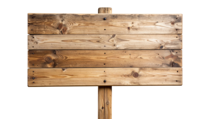 Rustic wooden sign with natural grain texture and weathered edges, fully cut out and isolated on a transparent PNG background