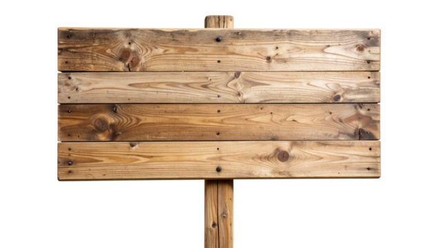 Rustic wooden sign with natural grain texture and weathered edges, fully cut out and isolated on a transparent PNG background