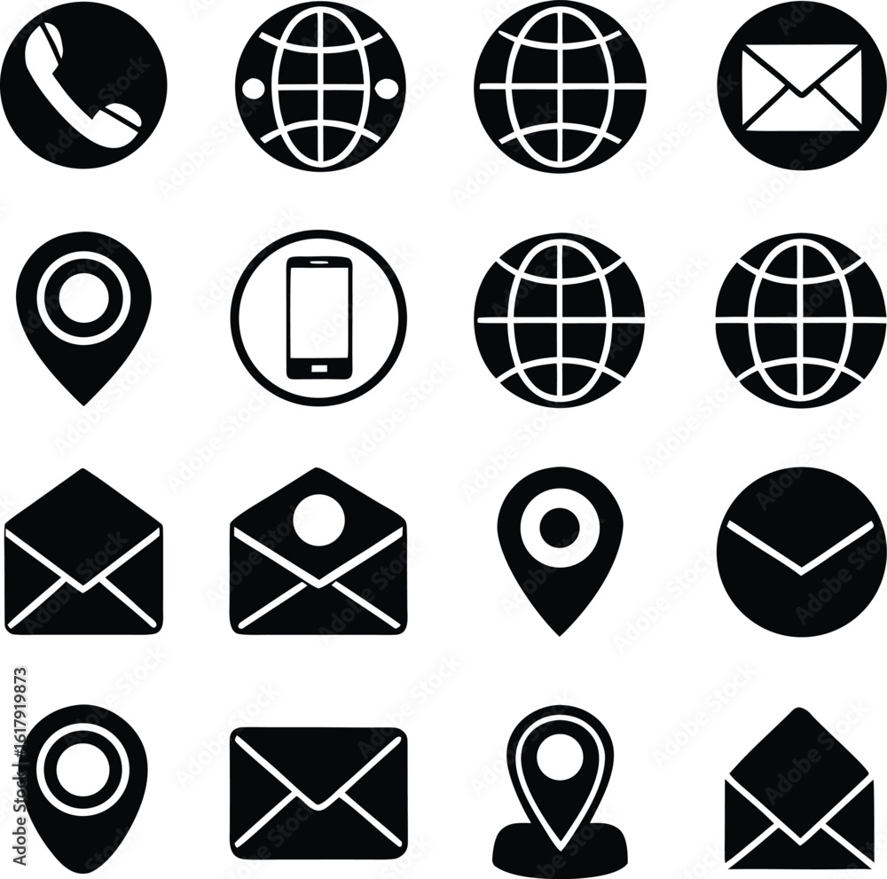Poster collection of essential communication and location icons including phone globe envelope and map pin 