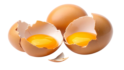 Broken egg with cracked shell and visible yolk and egg white,  fully isolated on a clean white background 