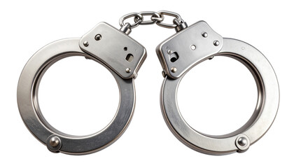 Realistic metal handcuffs with detailed locking mechanism and interlocking chain, fully isolated on a transparent PNG background.