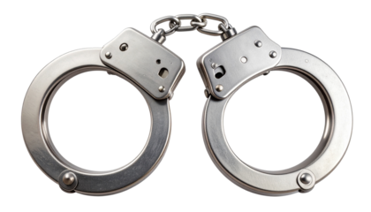 Realistic metal handcuffs with detailed locking mechanism and interlocking chain, fully isolated on a transparent PNG background.