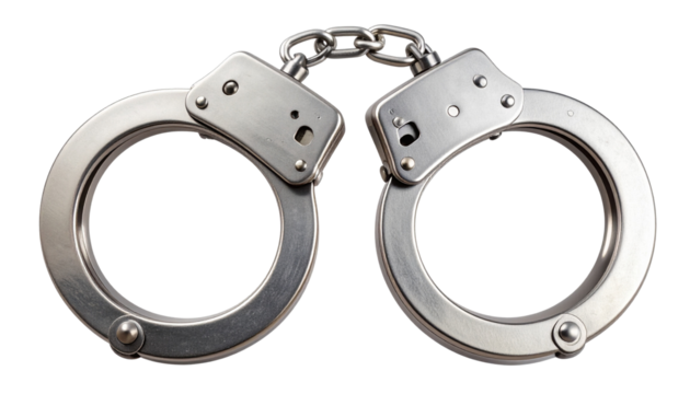 Realistic metal handcuffs with detailed locking mechanism and interlocking chain, fully isolated on a transparent PNG background.
