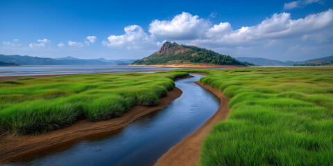 Serene River Landscape: A meandering river carves through a vibrant green landscape, leading the eye toward a majestic mountain under a clear blue sky.