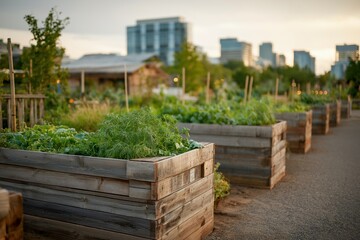 Community Urban Garden with Raised Wooden Beds and City Skyline at Sunset