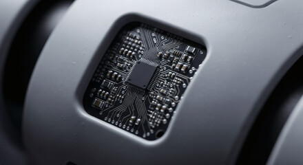Close-up of a microchip embedded in a metallic, futuristic-looking device, showcasing intricate circuitry and advanced technology.