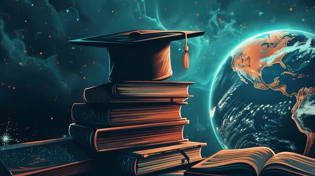 Global Education Graduation Cap on Books with Earth Background.