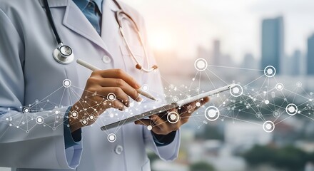 Doctor using digital tablet with futuristic medical network overlay in modern city