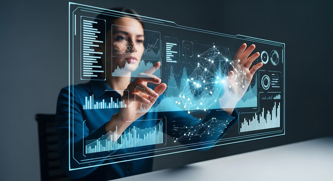 Businesswoman using a holographic interface to analyze complex data charts and network information - Powered by Adobe