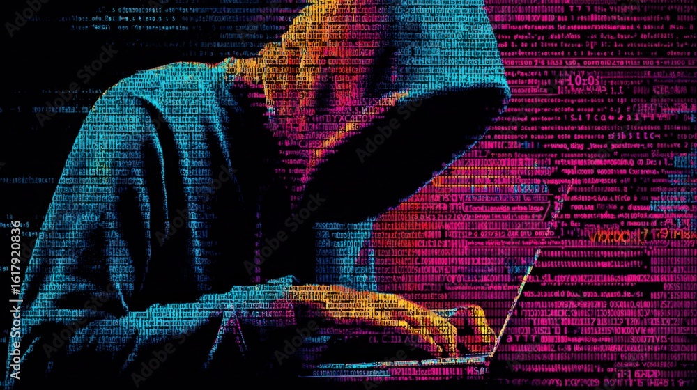 Aufkleber person in hoodie using laptop computer with digital code and neon pink and blue glitch effect for ha