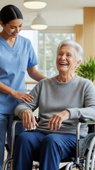 Nurse assisting a happy senior woman in a wheelchair