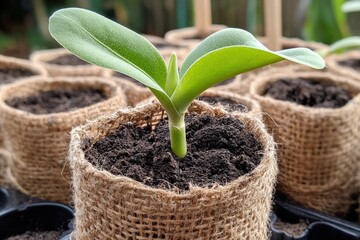 Young Green Seedling Sprouting from Soil in a Small Burlap Pot with Multiple Seedlings Growing in the Background