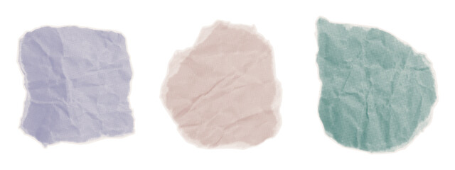Crumpled pieces of paper. Colored scraps of wrinkled cardboard, blank note, part of used damaged page. Contemporary collage art, cut out jagged edge, wrinkled surface. Vector halftone.