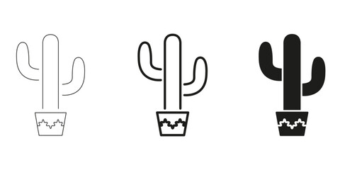 Cactus In Pot In Line, Outline, And Glyph Icon Set. Desert Plant, Succulent, And Indoor Gardening Symbol Collection. Nature And Home Decor. Isolated Vector Illustration