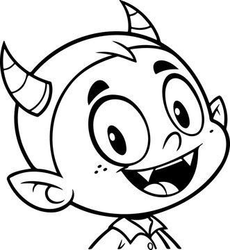 recommend clip art: Illustration of a cartoon devil character with horns and a playful expression in black and white outline